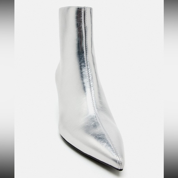 Zara Metallic Kitten Heel Ankle Boots Metallic Effect Thin Heel Pointed Toe NWT - Picture 5 of 11